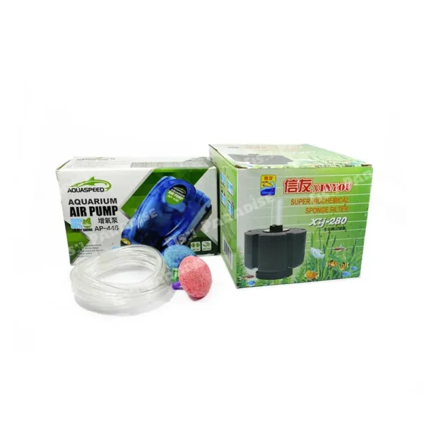 Aquarium Air Pump & 1 Original Chaina Sponge Filter XY-280, 15 Feet Pipe, 2 Air Bubble Stones (Double Output Full Set)
